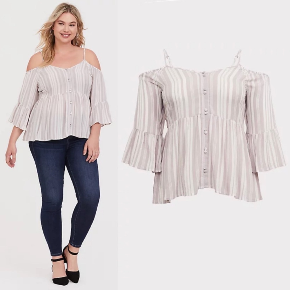 TORRID IVORY & TAUPE STRIPE COLD SHOULDER BABYDOLL BLOUSE